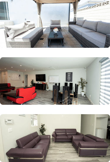 A Collage Of Four Living Rooms And A Patio, Showcasing Various Interior Design Styles
