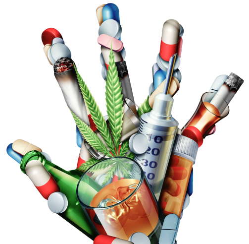 A Hand Holding Pills, A Drink, And Marijuana On A Flat Surface