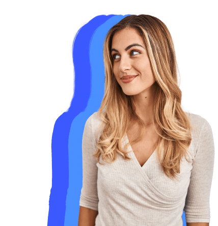 A Woman With Long Hair Stands Confidently Against A Blue Background